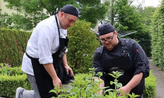 Köche im Garten bei Kräuterernte bei Don Bosco Sachsen